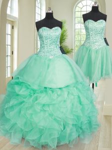 Three Piece Turquoise Sleeveless Organza Lace Up 15 Quinceanera Dress for Military Ball and Sweet 16 and Quinceanera