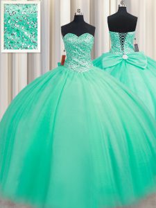 Great Sweetheart Sleeveless Tulle Quince Ball Gowns Beading and Bowknot Lace Up