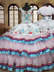 Straps Ruffled White Sleeveless Organza and Taffeta Lace Up 15th Birthday Dress for Military Ball and Sweet 16 and Quinc