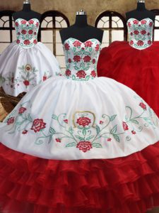 Free and Easy Three Piece Ruffled Floor Length Ball Gowns Sleeveless White and Red Quinceanera Dress Lace Up