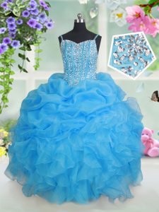Flare Baby Blue Sleeveless Floor Length Beading and Ruffles and Pick Ups Lace Up Little Girls Pageant Dress