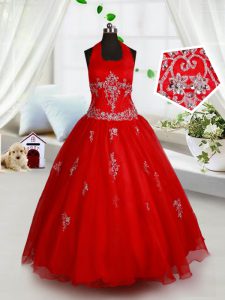 Adorable Halter Top Red Sleeveless Floor Length Beading and Appliques Lace Up Pageant Dresses