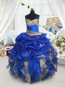 Most Popular Blue and Champagne Spaghetti Straps Lace Up Beading and Ruffles and Pick Ups Pageant Gowns For Girls Sleeve