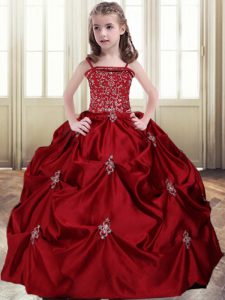 Glamorous Pick Ups Spaghetti Straps Sleeveless Lace Up Little Girl Pageant Gowns Wine Red Taffeta