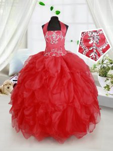 Halter Top Red Sleeveless Floor Length Beading and Ruffles Lace Up Little Girls Pageant Dress