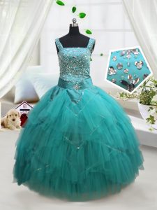 Turquoise Pageant Gowns For Girls Quinceanera and Wedding Party and For with Beading and Ruffles and Belt Square Sleevel