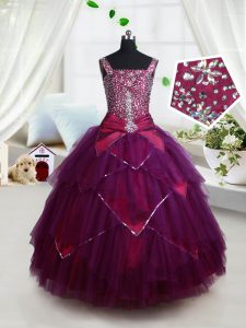 Square Sleeveless Tulle Floor Length Lace Up Child Pageant Dress in Dark Purple with Beading and Ruffles and Belt