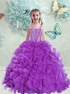 Straps Beading and Ruffles Little Girl Pageant Gowns Eggplant Purple Lace Up Sleeveless Floor Length