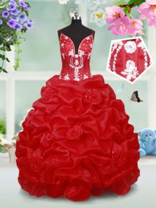 Red Ball Gowns Beading and Pick Ups and Hand Made Flower Kids Formal Wear Lace Up Organza Sleeveless Floor Length