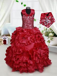 Wine Red Halter Top Zipper Beading and Ruffles and Sequins Pageant Gowns For Girls Sleeveless