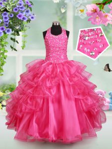 Luxurious Halter Top Beading and Ruffled Layers Evening Gowns Hot Pink Lace Up Sleeveless Floor Length
