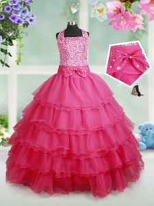 Halter Top Sleeveless Zipper Floor Length Beading and Ruffled Layers and Bowknot Little Girl Pageant Gowns