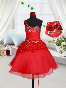 One Shoulder Sleeveless Sequins and Hand Made Flower Lace Up High School Pageant Dress
