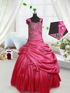 Straps Floor Length Lace Up Little Girls Pageant Gowns Hot Pink for Quinceanera and Wedding Party with Beading and Appli