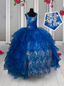 Enchanting Scoop Ruffled Floor Length Ball Gowns Sleeveless Royal Blue Pageant Dress Wholesale Lace Up