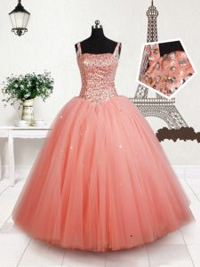 Straps Beading Little Girls Pageant Gowns Peach Lace Up Sleeveless Floor Length