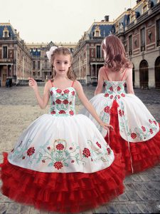 Straps Embroidery and Ruffles Little Girls Pageant Gowns White and Red Lace Up Sleeveless Floor Length