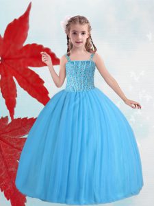New Arrival Straps Baby Blue Ball Gowns Beading Girls Pageant Dresses Lace Up Taffeta and Tulle Sleeveless Floor Length