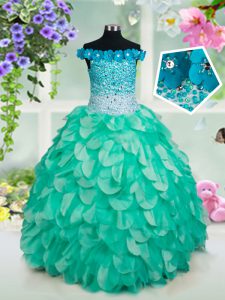 Off the Shoulder Sleeveless Lace Up Floor Length Beading and Appliques and Ruffles Kids Formal Wear