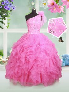 Fabulous One Shoulder Sleeveless Lace Up Floor Length Beading and Ruffles and Hand Made Flower Little Girl Pageant Gowns