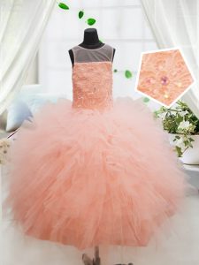 Suitable Peach Scoop Neckline Beading and Lace and Ruffles Evening Gowns Sleeveless Zipper