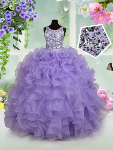 Customized Lavender Zipper Scoop Beading and Ruffles Pageant Dress for Teens Organza Sleeveless
