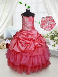 Red Pageant Dress Quinceanera and Wedding Party and For with Beading and Ruffled Layers Spaghetti Straps Sleeveless Lace