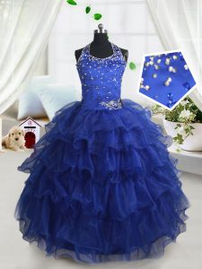 Halter Top Royal Blue Ball Gowns Beading and Ruffled Layers Little Girl Pageant Dress Lace Up Organza Sleeveless Floor L