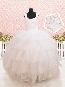 Scoop Beading and Ruffled Layers and Sequins Child Pageant Dress White Lace Up Sleeveless Floor Length