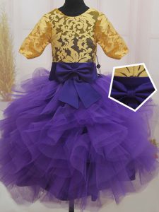 Hot Sale Scoop Mini Length Eggplant Purple and Gold Little Girl Pageant Gowns Tulle Short Sleeves Lace and Ruffles and B