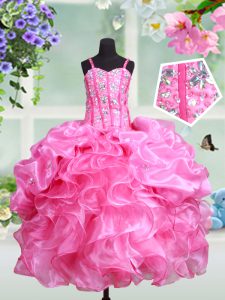 Organza Straps Sleeveless Lace Up Beading and Ruffles and Pick Ups Little Girls Pageant Dress in Rose Pink