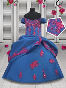 Blue Taffeta Lace Up Off The Shoulder Sleeveless Floor Length Little Girl Pageant Dress Beading and Appliques and Pick U