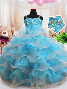 Ruffled Ball Gowns Little Girls Pageant Dress Wholesale Baby Blue Straps Organza Sleeveless Floor Length Zipper