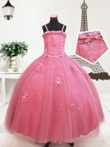 Colorful Straps Sleeveless Pageant Dress Wholesale Floor Length Beading and Appliques Hot Pink Tulle