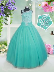 Attractive Turquoise Sleeveless Floor Length Beading Zipper Girls Pageant Dresses