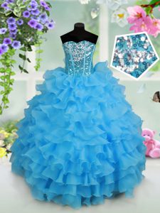 Strapless Sleeveless Little Girl Pageant Gowns Floor Length Beading and Ruffled Layers and Sequins Baby Blue Organza