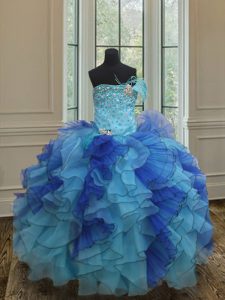 Top Selling Blue Strapless Neckline Beading and Ruffles Custom Made Pageant Dress Sleeveless Lace Up