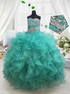 Charming Turquoise Lace Up Little Girl Pageant Dress Beading and Ruffles Sleeveless Floor Length