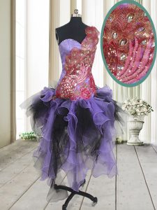 One Shoulder Organza and Tulle Sleeveless Asymmetrical Prom Party Dress and Beading and Appliques