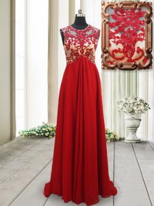 Scoop Red Backless Prom Dresses Appliques Sleeveless Brush Train