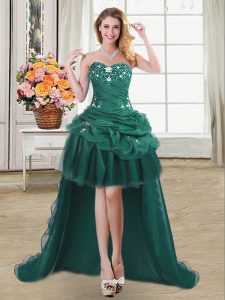 Sleeveless Organza High Low Lace Up Prom Party Dress in Dark Green with Beading and Appliques and Pick Ups
