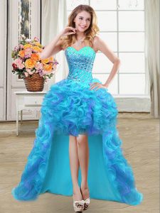 High Low Lace Up Dress for Prom Aqua Blue for Prom and Party with Beading and Ruffles