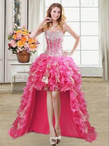 Hot Pink Sleeveless High Low Beading and Ruffles and Sequins Lace Up Prom Gown