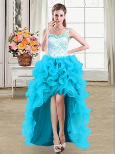 Cute Straps Sleeveless Prom Dresses High Low Beading and Appliques and Ruffles Baby Blue Organza