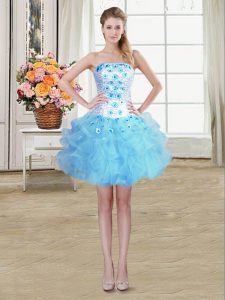Captivating Baby Blue Strapless Neckline Beading and Appliques and Ruffles Prom Dress Sleeveless Lace Up