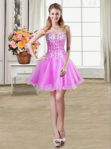 Edgy Sleeveless Organza Mini Length Lace Up Prom Evening Gown in Lilac with Sequins