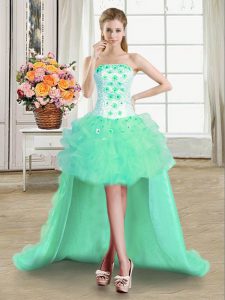 Flare Turquoise Tulle Lace Up Prom Gown Sleeveless High Low Beading and Appliques and Ruffles