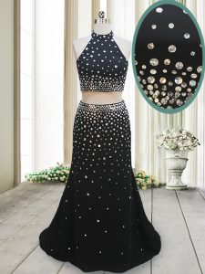 Chiffon Halter Top Sleeveless Backless Beading Dress for Prom in Black