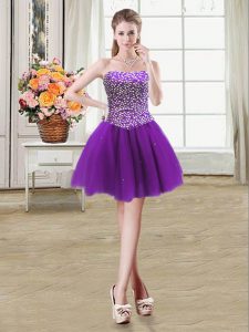 Unique Mini Length Purple Prom Dresses Strapless Sleeveless Lace Up