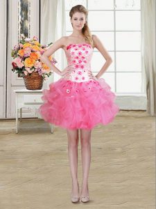 Glittering Rose Pink Ball Gowns Beading and Appliques and Ruffles Prom Party Dress Lace Up Organza Sleeveless Mini Lengt